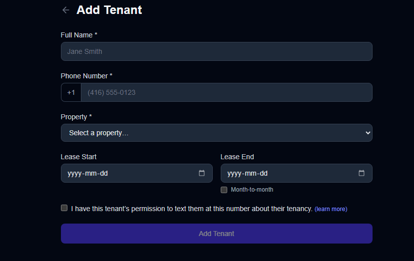Add Tenant form showing fields for full name, phone number, property, lease dates, and a required consent attestation checkbox.